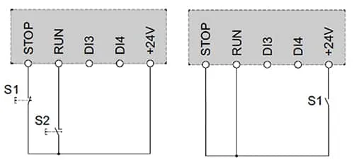 Two separate stop and run buttons or one dual-action switch
