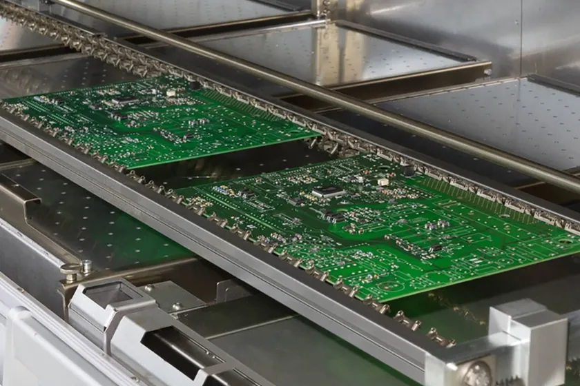 PCB with solder paste and components ready for reflow soldering