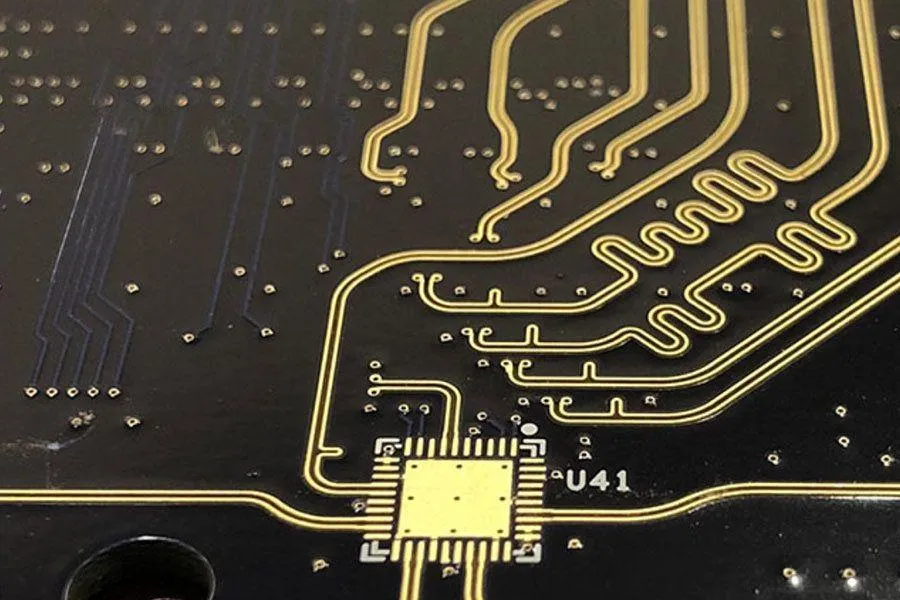High-frequency PCB layout with controlled impedance traces and ground planes