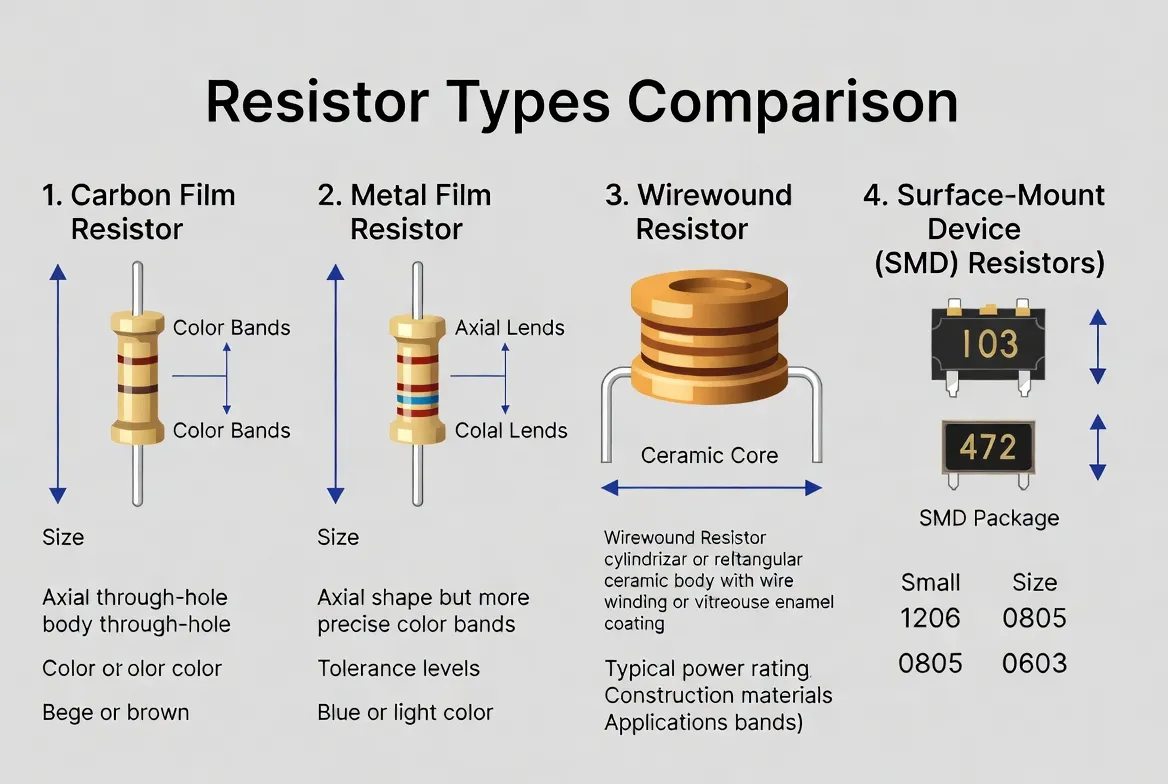 Infographic comparing through hole resistor and surface mount resistor characteristics