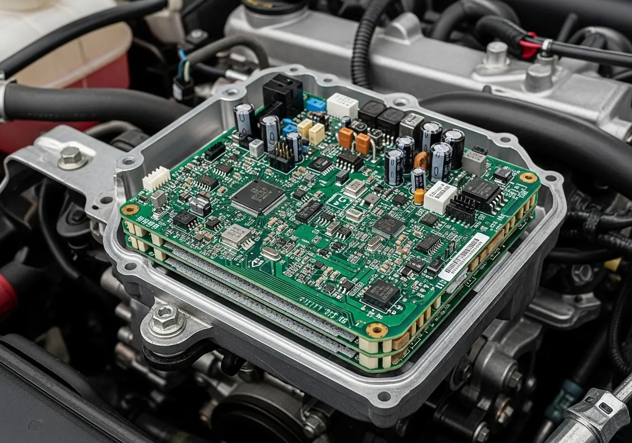 High Tg PCB material in automotive engine control for heat resistance.
