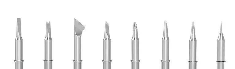 Variety of soldering iron tips for different hand soldering tasks.