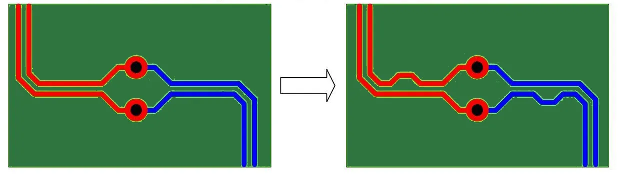 Example of differential pair routing techniques on a PCB.