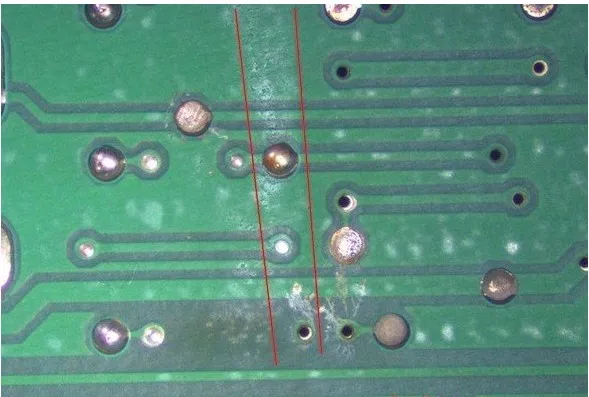 PCB with flux residue before cleaning