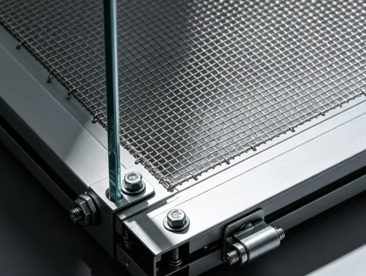 Close-up view of frameless stencil mounted on tensioning frame during setup