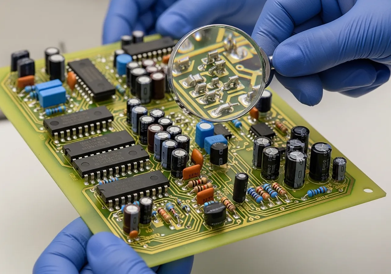 Inspection of a finished single-sided CEM-1 PCB for quality assurance.
