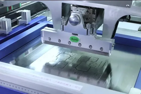 Laser cutter creating a DIY PCB stencil for SMT assembly