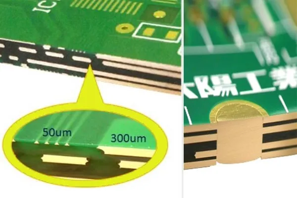 Cross-section of a thick PCB showcasing heavy copper layers for high-current applications