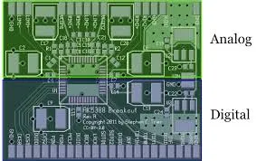 "Diagram showing separation of analog and digital components in ECU PCB design."