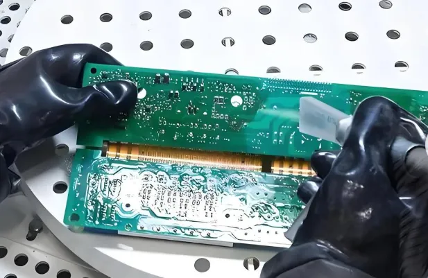 Cleaning a PCB with solvent before conformal coating application."