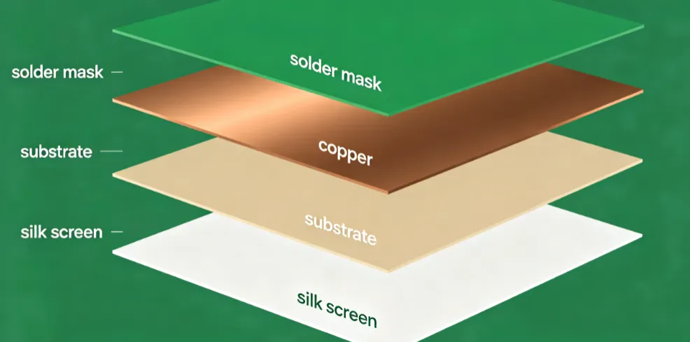 Diagram showing solder mask, copper, substrate, and silk screen layers on a printed circuit board')