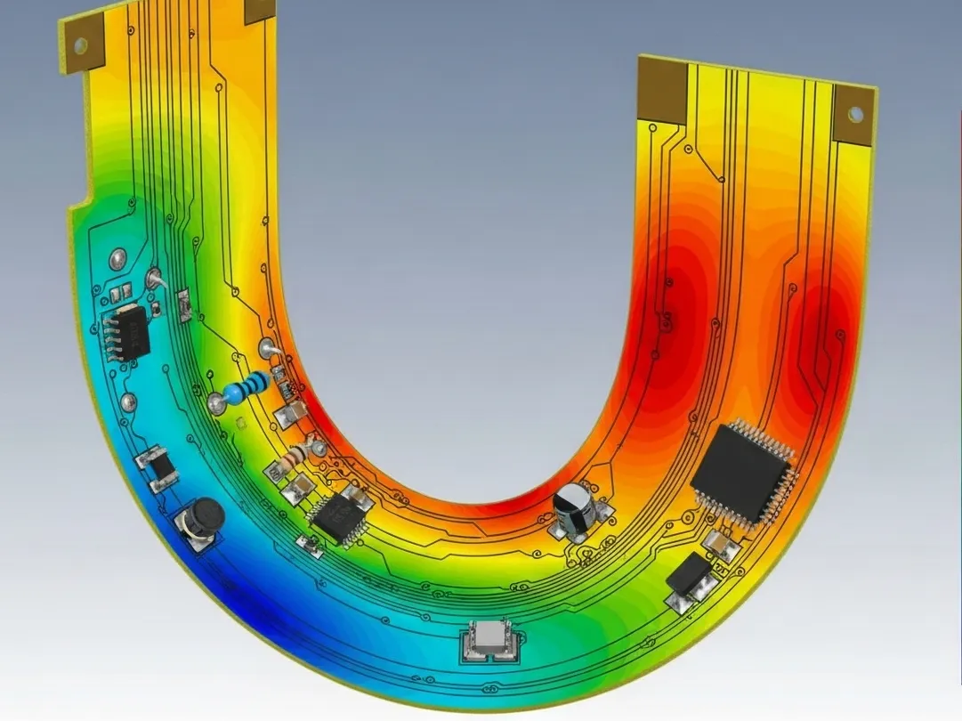 Stress analysis heatmap of a bent Flex PCB showing high-stress zones.