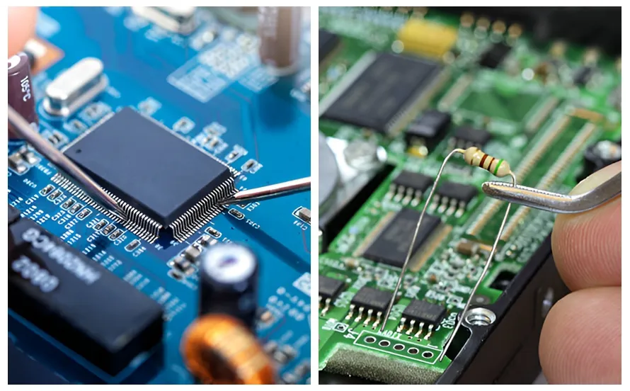 Comparison of SMT and THT sections in hybrid PCB design.