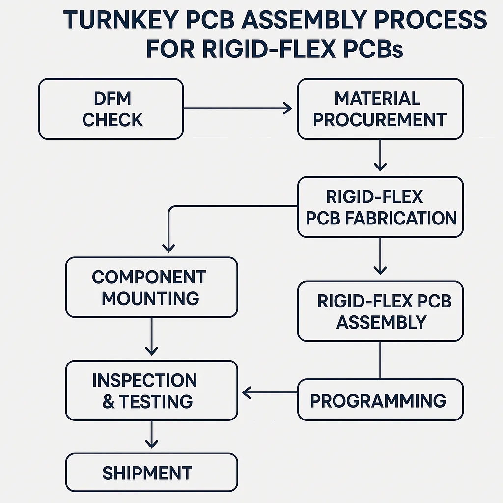 Flowchart of turnkey PCB assembly process for rigid-flex PCBs