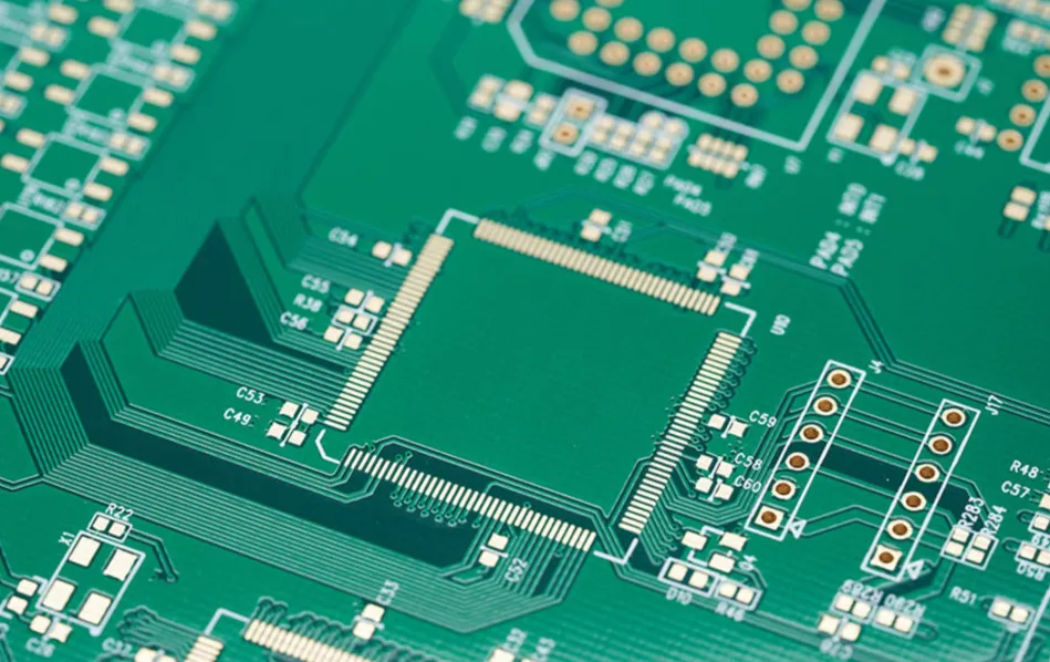 PCB with green solder mask showing high contrast under inspection lighting