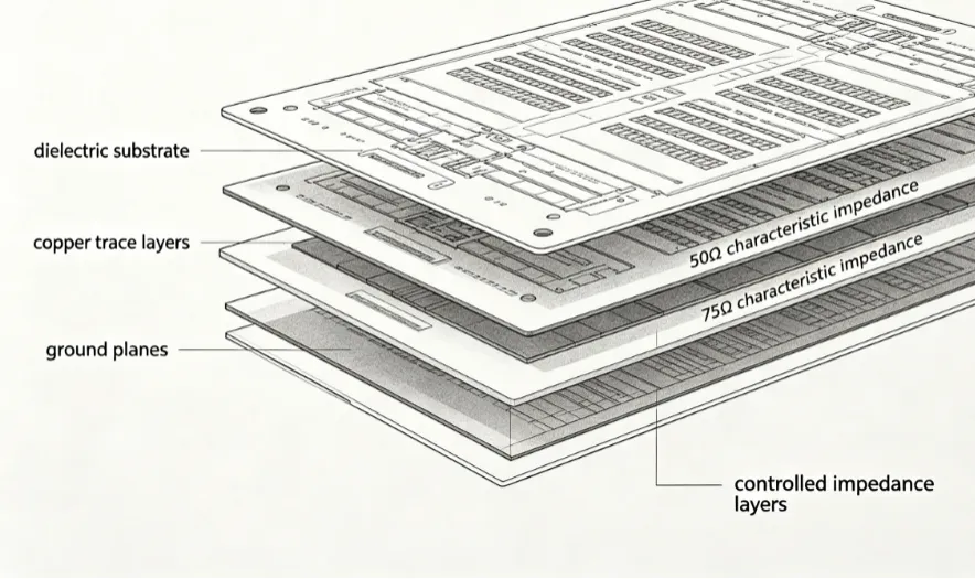 Cross-section view of a multilayer PCB showing controlled impedance layers for RF applications