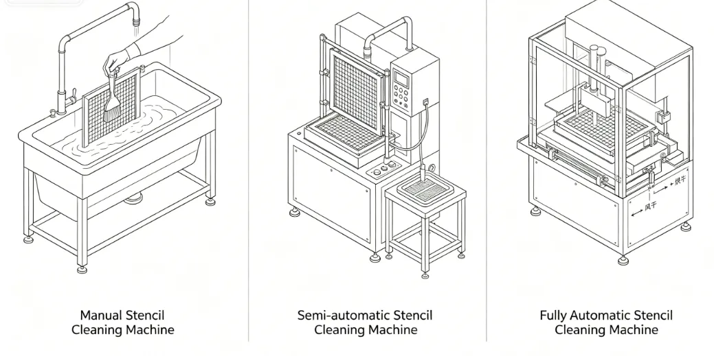 Comparison diagram of manual, semi-automated, and fully automated stencil cleaners