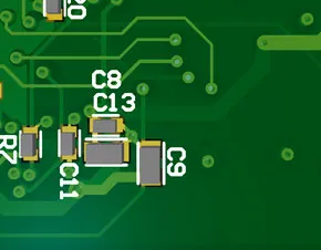 Close-up of PCB with clear silkscreen markings for component identification.