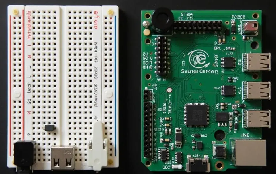 Comparison of breadboard PCB prototype and finished custom PCB design.