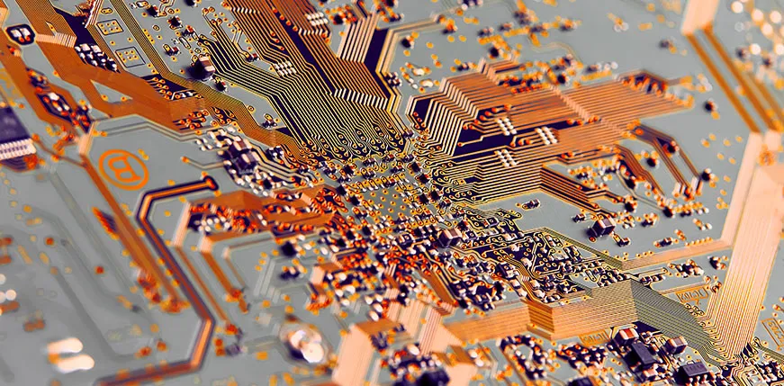 Close-up of PCB with protective surface finish on copper traces