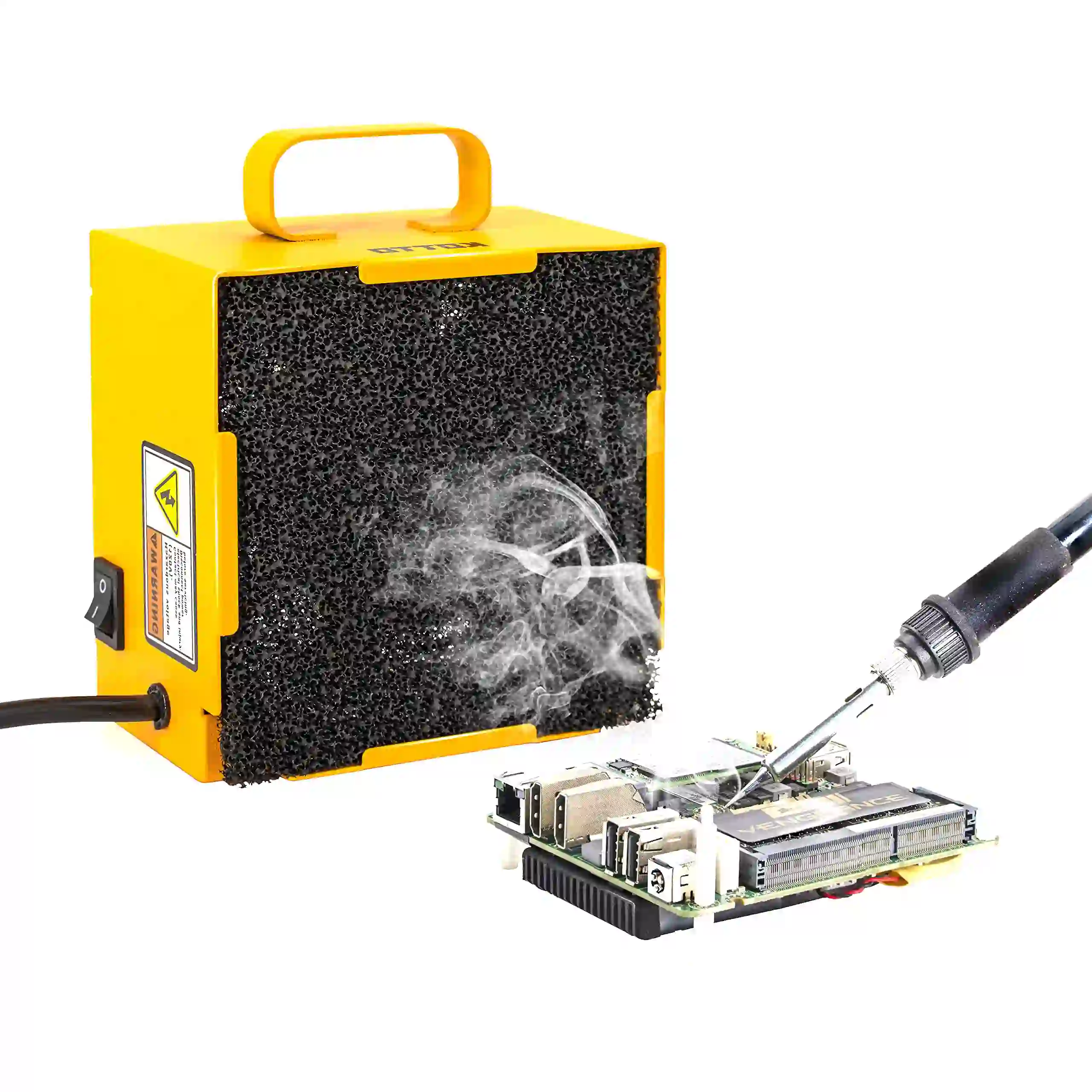Soldering an 8-layer PCB with safety gear and fume extractor