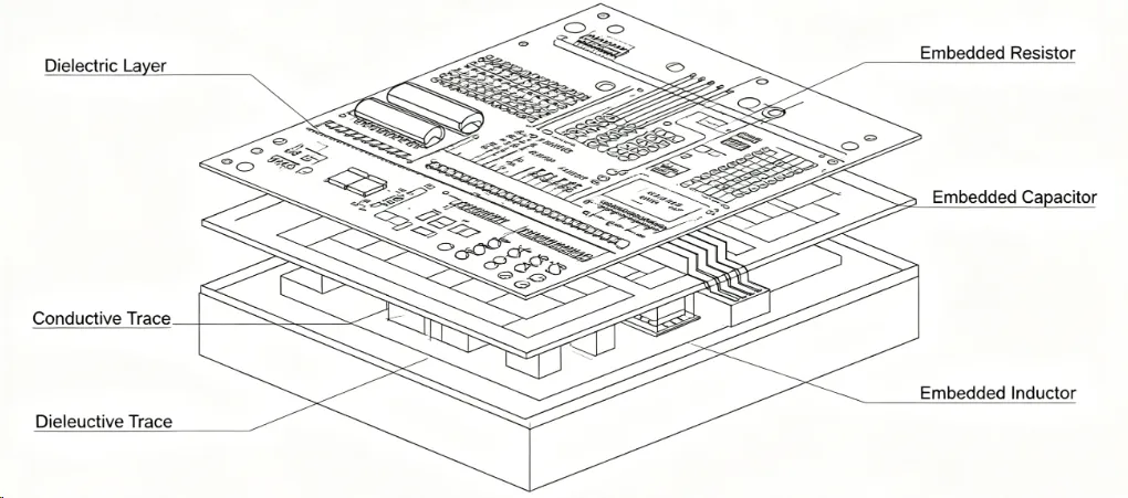 Diagram showing embedded passive components within PCB layers