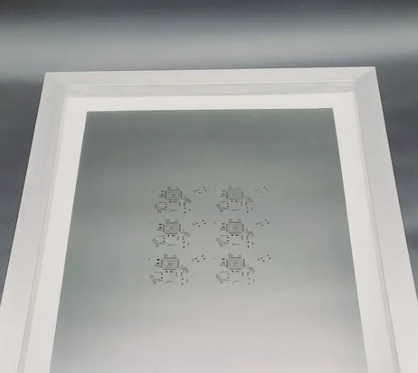 Close-up of SMT stencil with precision apertures for solder paste application