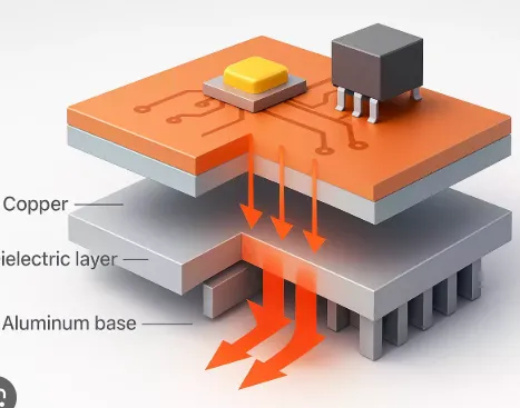 Detailed cross-section of MCPCB illustrating aluminum core, dielectric layer, and copper traces for LED mounting