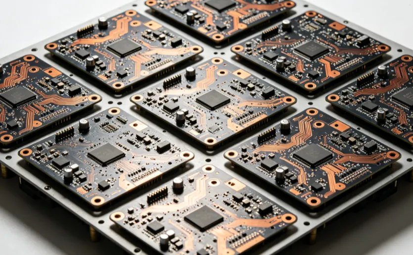 Top view of multiple gaming PCBs arranged on a standard production panel'