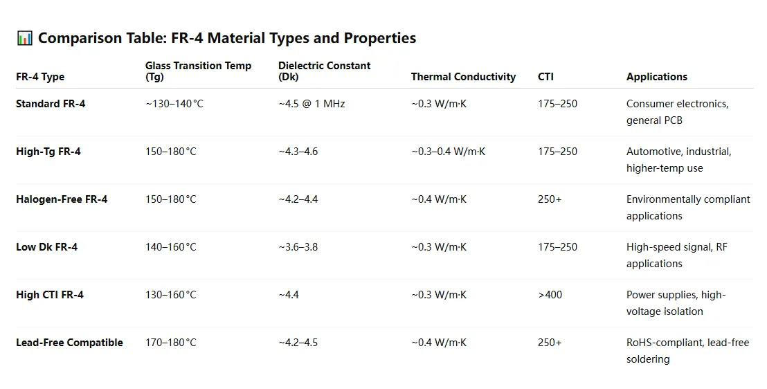 Comparison chart of FR-4 material variants for PCB manufacturing