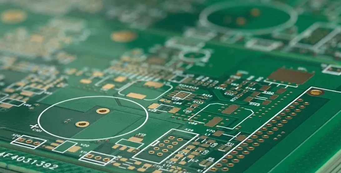 Close-up of PCB with green solder mask protecting copper traces.