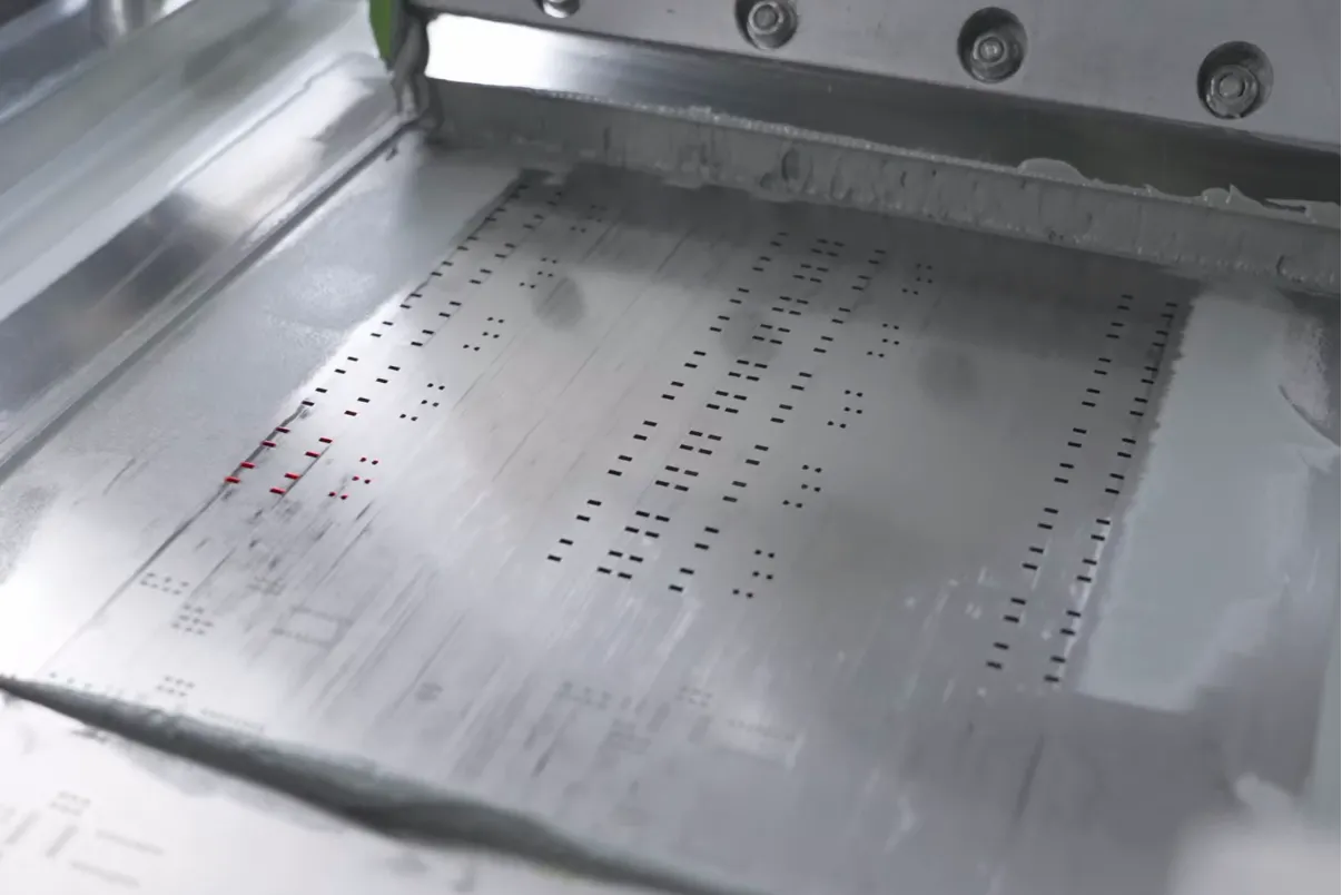 SMT stencil applying solder paste to PCB pads in high-volume assembly