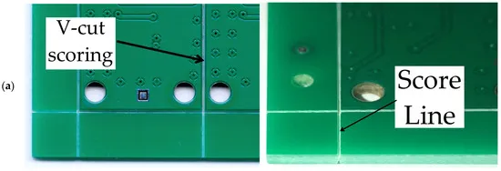 Panelized PCB with V-scoring lines for cost-effective depanelization.