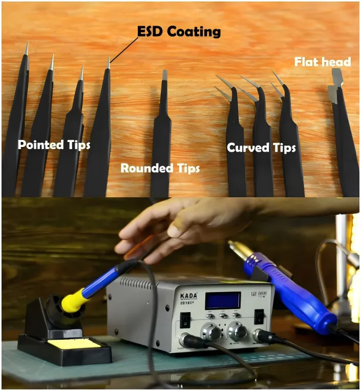 Essential SMD rework tools including hot air rework station and tweezers.