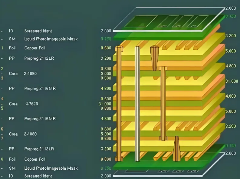 Cross-section of a 10-layer PCB stackup for routing and signal integrity