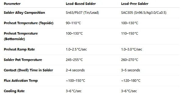 Comparison chart of wave soldering temperature ranges for lead-based and lead-free solder.