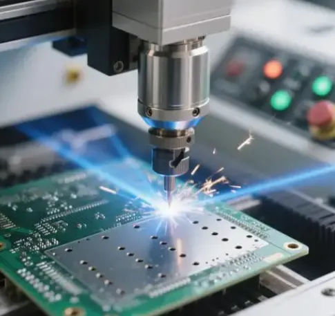Magnified view of a laser-drilled microvia in an HDI PCB.