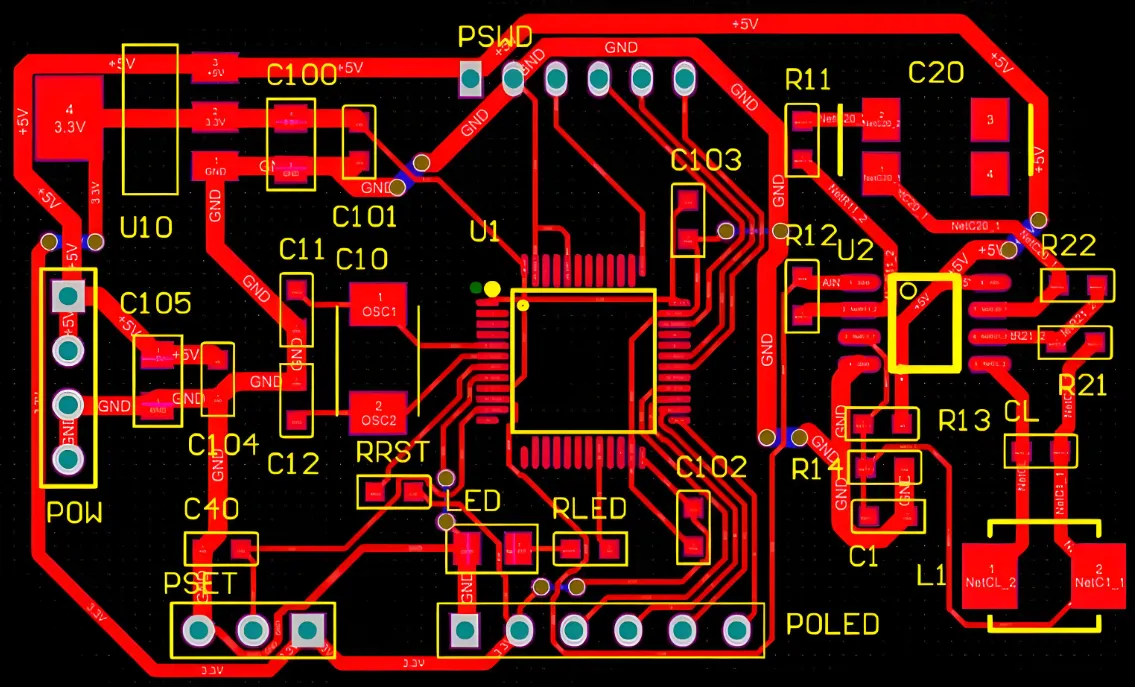 Through-hole PCB design software interface for beginners.