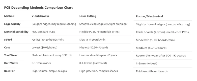 Comparison of PCB depaneling methods including V-cut, laser, and router techniques