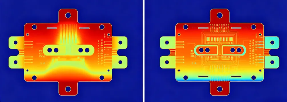 Finite element analysis showing temperature distribution on 4 oz versus 1 oz copper motor driver board