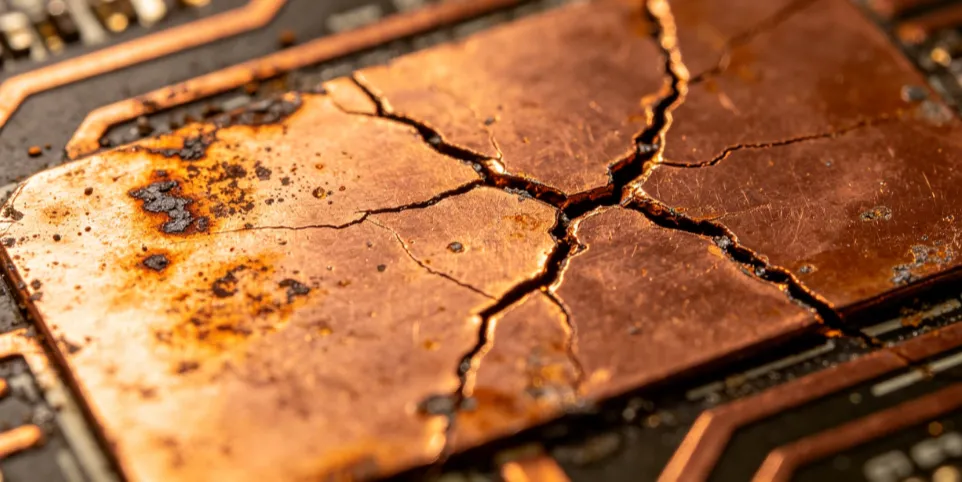 copper trace showing thermal degradation and cracking