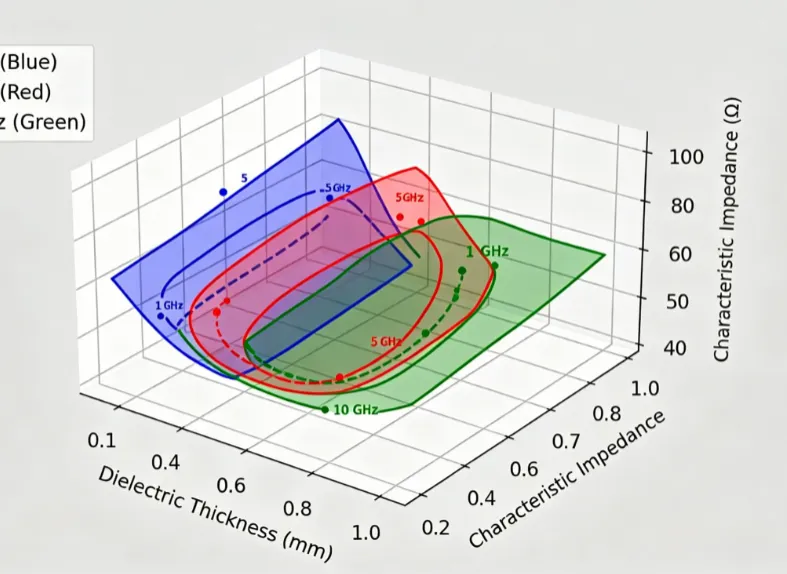 Plot illustrating characteristic impedance change with varying dielectric thickness at multiple frequencies')