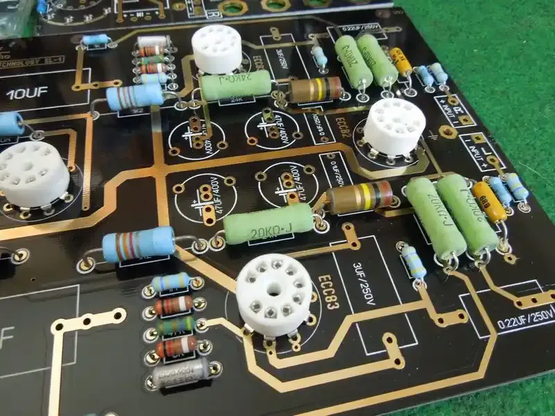 Finished PCB design showcasing buried resistors and surface mount components.