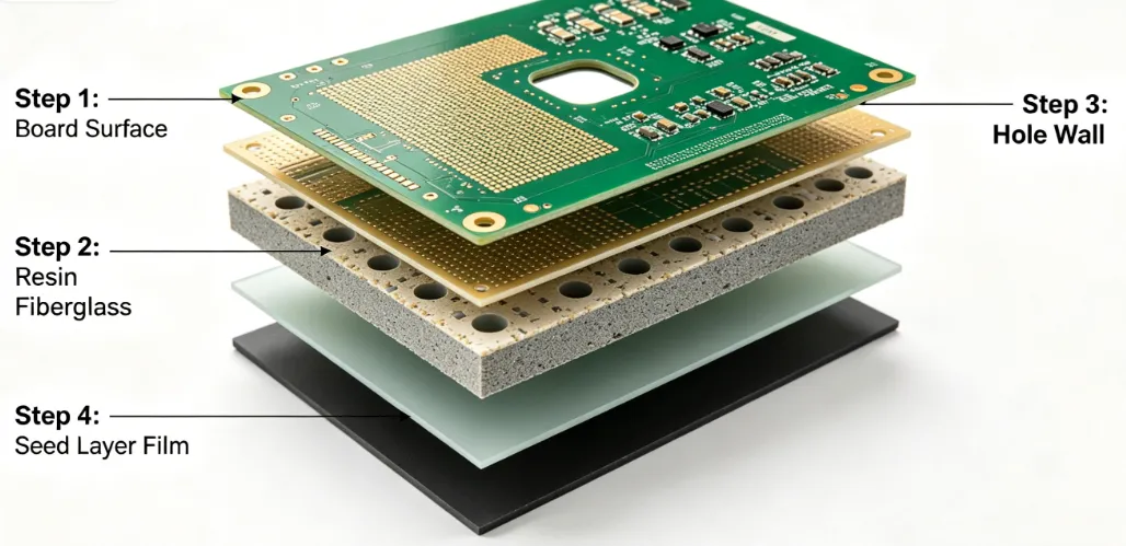Step-by-step illustration of conductive seed layer application in PCB via metallization