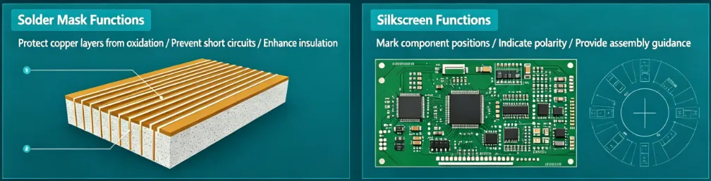 functions and cost factors of solder mask and silkscreen in PCB fabrication, noting that industry standards allow cost-effective quality control.