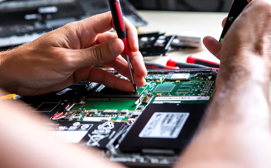 Technician performing rigid-flex PCB repair on a broken trace.