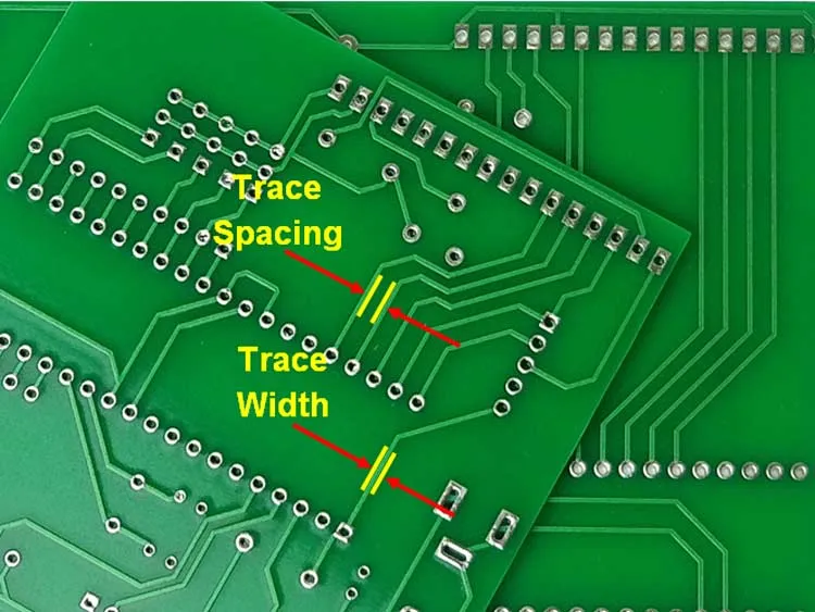Close-up of PCB traces illustrating minimum trace spacing for design safety