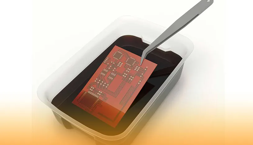 Liquid photoimageable solder mask application on high-density PCB.