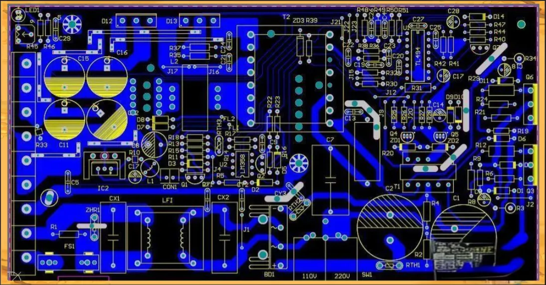 PCB layout with optimized trace widths for power components.