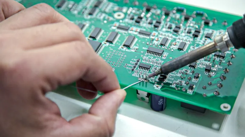 Soldering iron melting solder on a PCB for electronics assembly